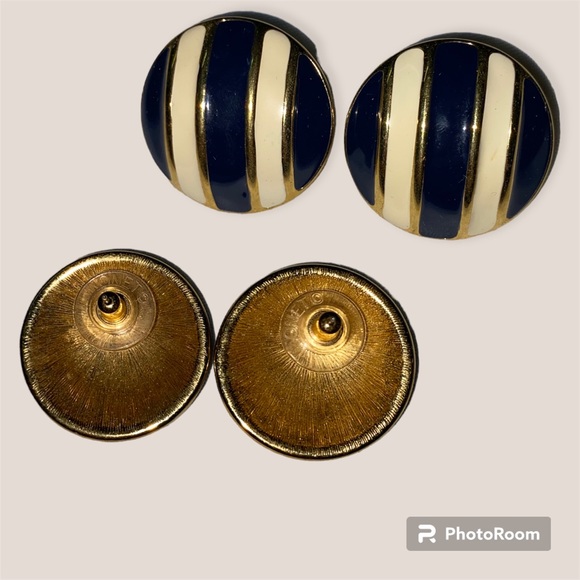 Vintage Navy Blue Stripe Enamel Monet Earrings - Picture 2 of 5